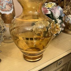 Vintage Large Bohemian Glass Vase With Gold Trim 