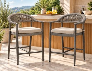 24''H Aluminum Outdoor Bar Stool with Removable Cushion, Gray (Set of 2)