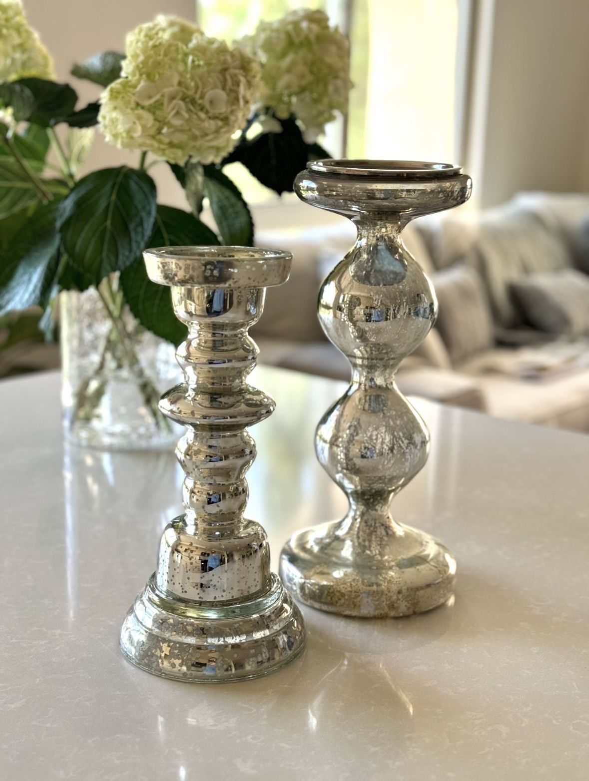 Lot of Two 2 Pottery Barn Antiqued Mercury Glass Large Pillar Candle Holder Silver Home Decoration NEW