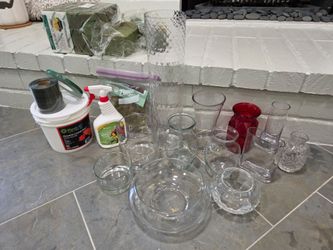 Free - Flower vases & florist supplies - oasis foam, floral tape, wide ribbon for inside vases, blossom spray preservative, moss, 12 glass flower vase