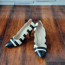 Chanel Black White Striped Cap Toe Heels EU 37 | Classic CC Pumps | Vintage Y2K