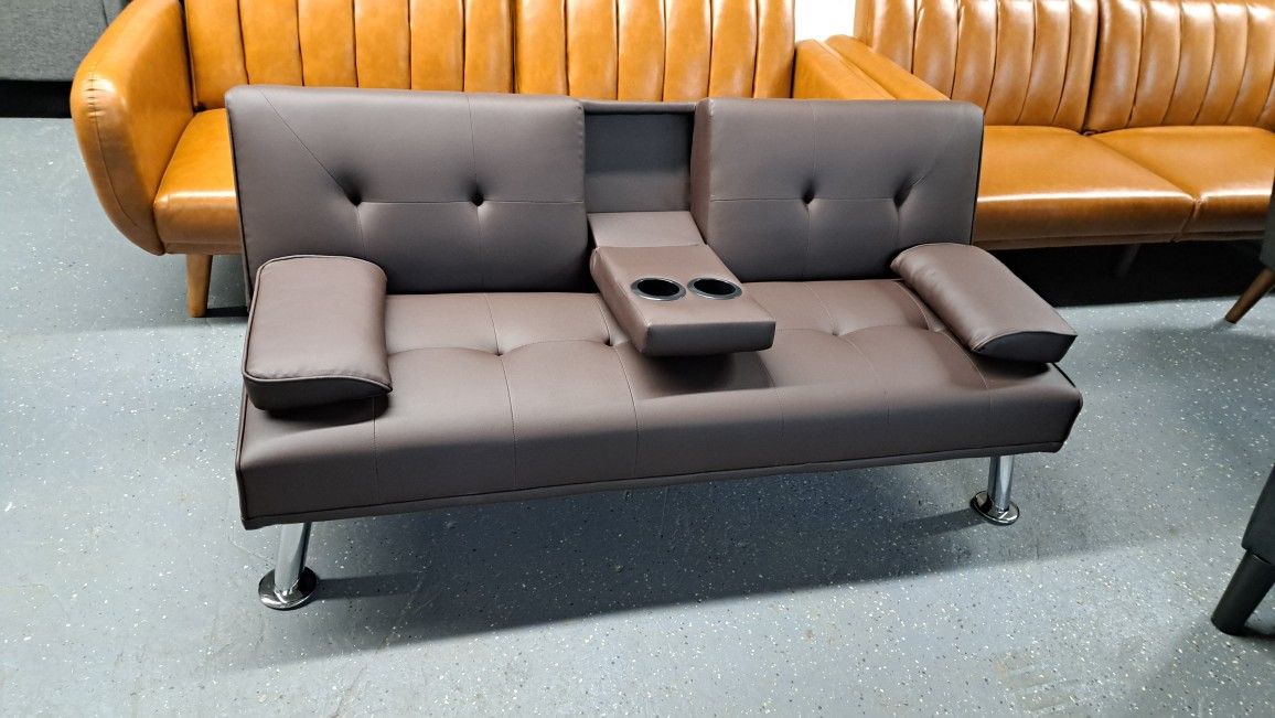 NEW FAUX LEATHER FUTON SOFA WITH CUPS HOLDERS 