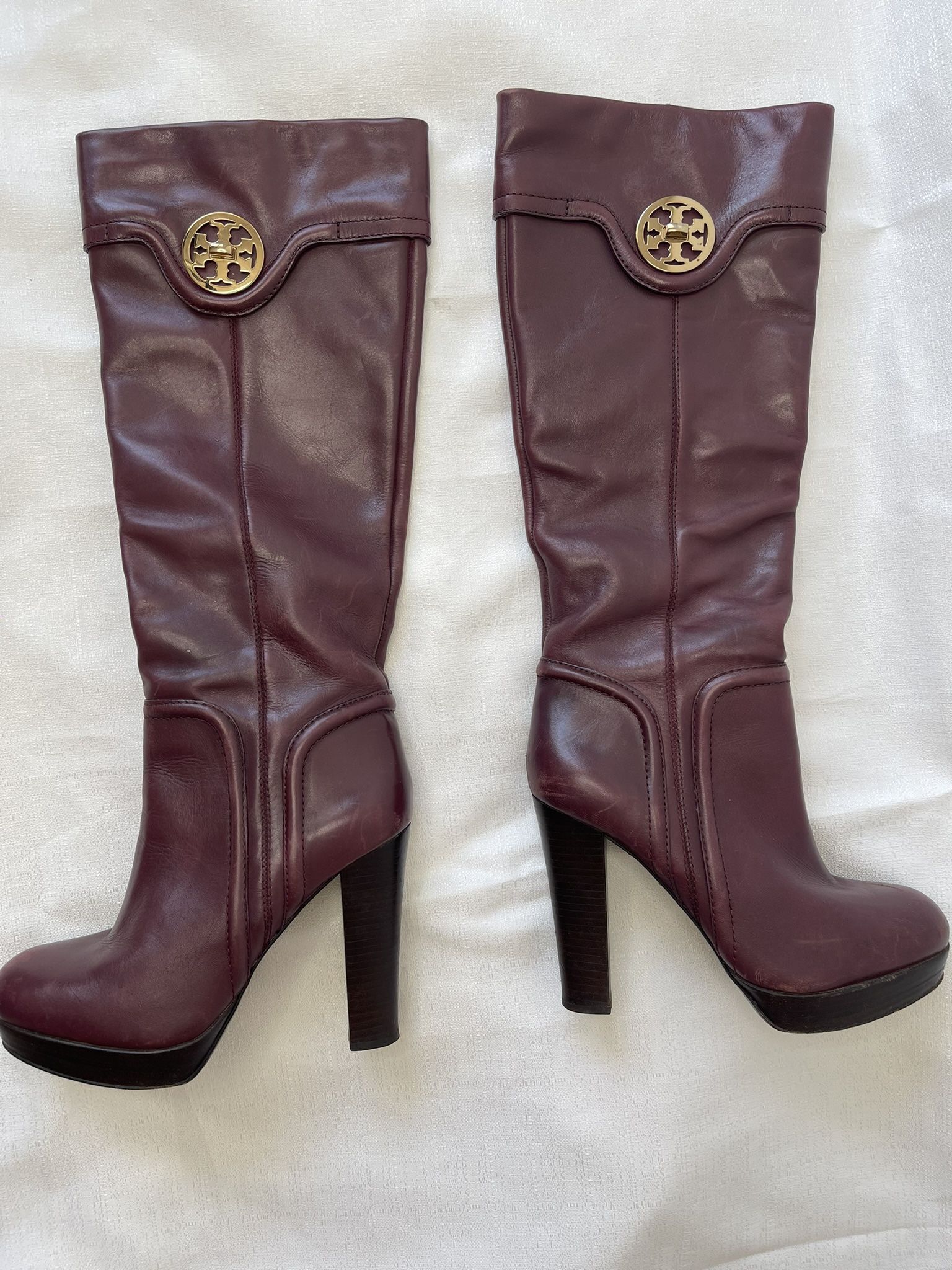 Tory Burch Wine Leather Platform Heeled Knee High Boots Size 7.5