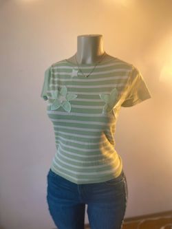 Pastel Green Striped Flower Blouse