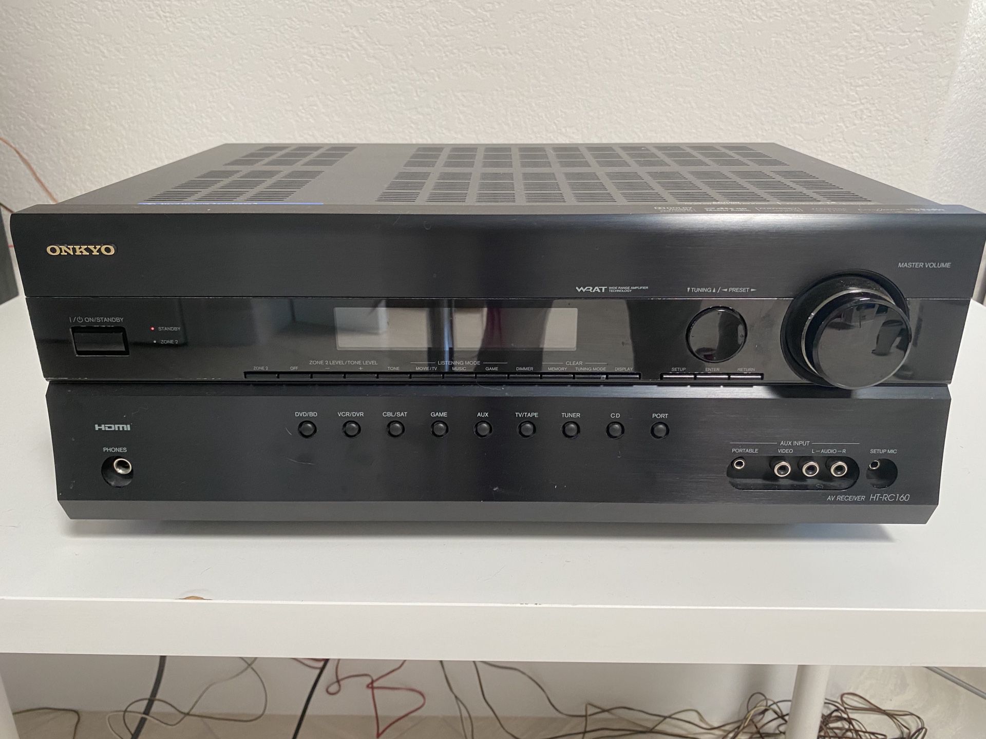 Onkyo 7.2 or 5.1 surround sound receiver with speakers, remote, cables, and 2 speaker stand