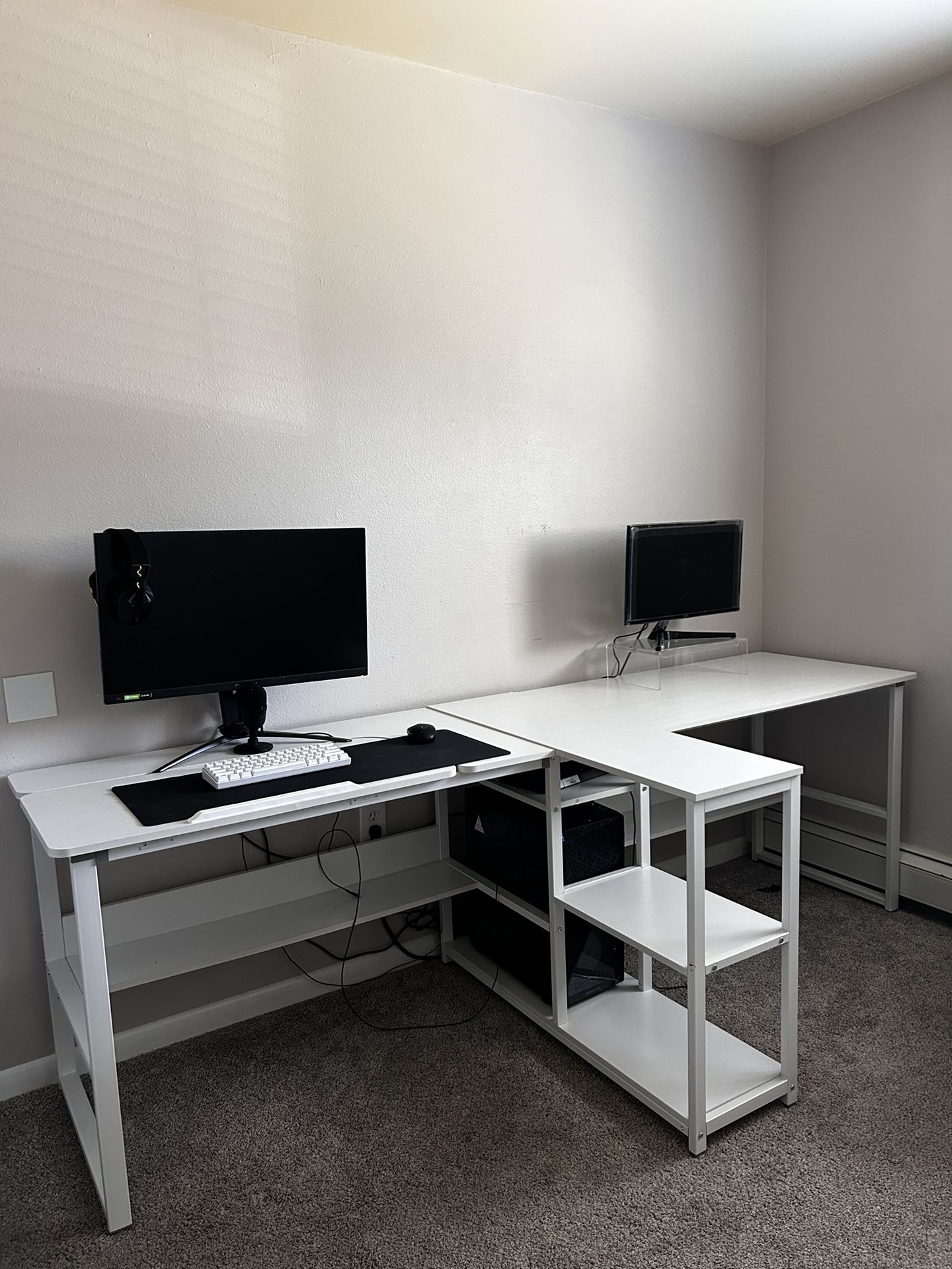 Double Long white desk with printer/pc shelf 