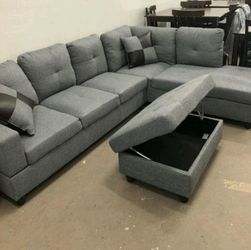 Brand New Grey Denim Linen Sectional Set With A Storage Ottoman & Decorative Pillows