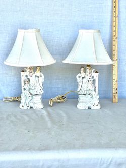 Antique mint condition bone porcelain pair of 2 (Courting Couple) table lamps
