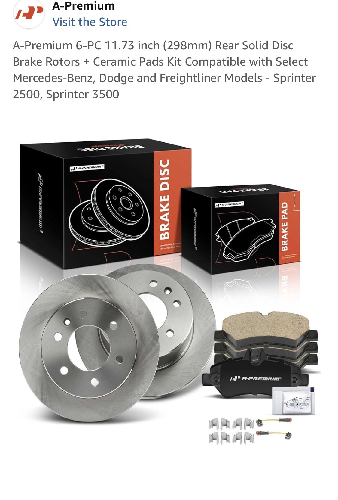 Premium 6-PC 11.73 inch (298mm) Rear Solid Disc Brake Rotors + Ceramic Pads Kit Compatible with Select Mercedes-Benz, Dodge and Freightliner Models - 