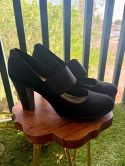 Black Suede Mary Jane Block Heel Pumps