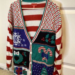 Ugly Christmas Sweater XXL Cardigan Wreaths Candy Canes Snowflake Holly Holiday