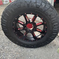  XD Mammoth Gloss Black Milled with Red Tint 8-Lug Wheel  (20x10; -18mm Offset) With  Nitto Ridge Grappler 37X13.50R20 E/10PLY BSW