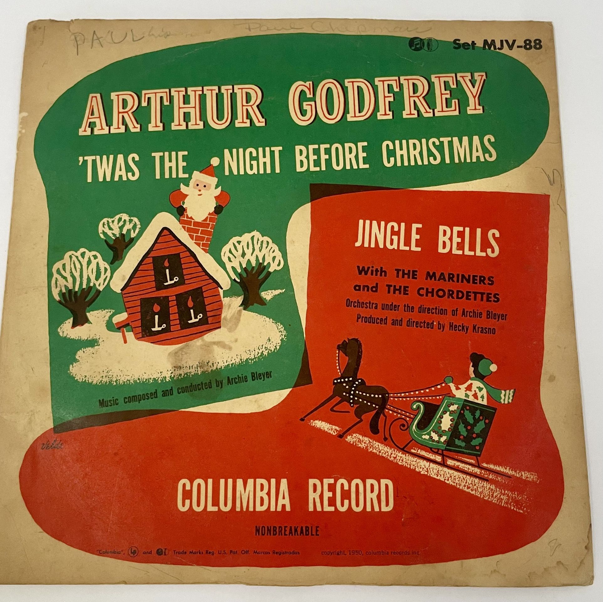 Arthur Godrey Twas The Night Before Christmas / Jingle Bells 78RPM Record 1950 V