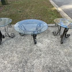 Iron Glass Coffee Table With 2 Smaller Iron Glass  End Tables