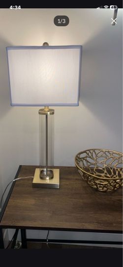 Elegant Table Lamp with the Clear Glass Cylinder Base, Matte Gold Accent and New White Linen Square or Round Shade H27”