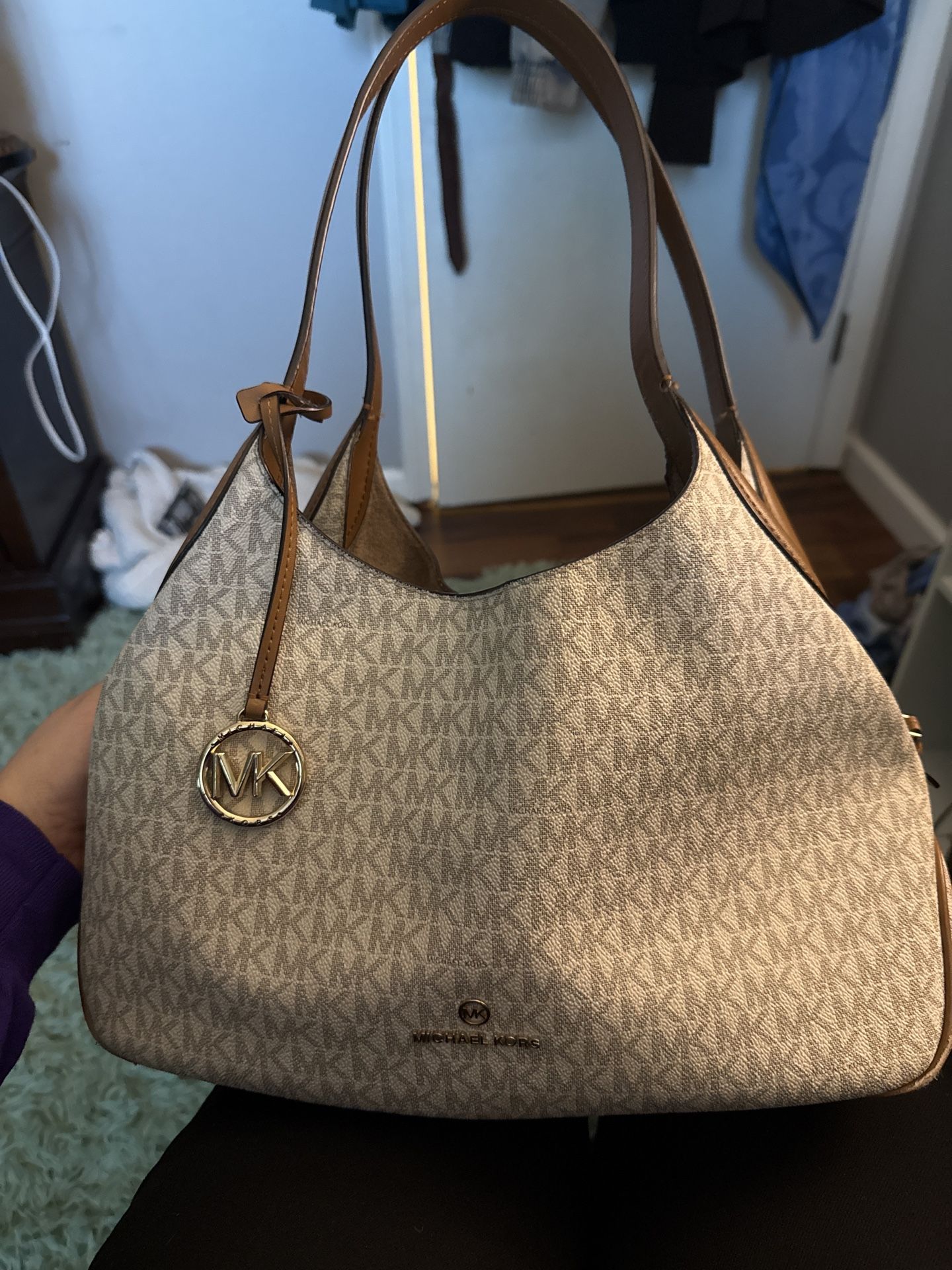 Michael Kors Shoulder Bag – Signature MK Logo, Tan Trim