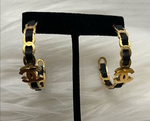 CC Gold Chain Leather Hoop Earrings