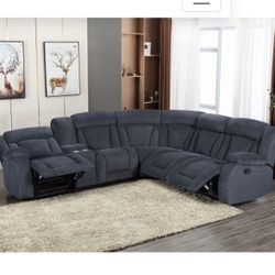 Dark Grey 7 Piece Manual Recliner Sectional Very Plush Soft Fabric 3 Recliner Seats Storage Console And Cup Holders Brand New In Box Firm Price $1,100