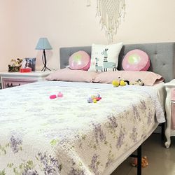 Queen Size Bed, 3 Pieces .  Headboard, Metal Frame, Mattress. Use Like New. Visit Room. 