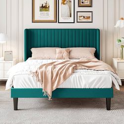 Queen Size Velvet Bed Frame with Vertical Channel Tufted Wingback Headboard, Upholstered Platform Bed with Wood Slats, No Box Spring Needed, Easy Asse
