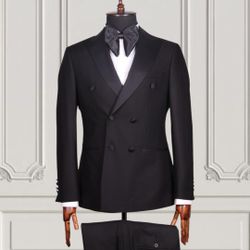 2 Pieces Ceremonial Suit Double Breasted Black Color With Bow Tie