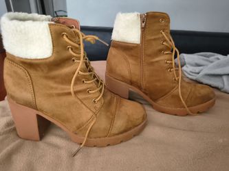 Charlotte Russe Tan Suede Heeled Ankle Boots with Sherpa Cuff