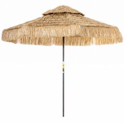 8.5 FT Hula Thatched Tiki Patio Umbrella, 2-Tier Tropical Hawaiian Style Outdoor Umbrella