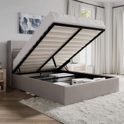 Queen Size Lift-Up Storage Bed with Wingback Headboard in Light Beige