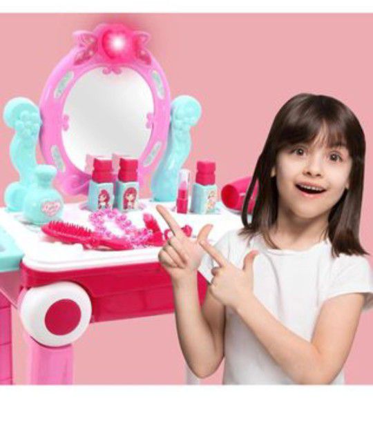 2 in 1 Pretend Play Kids Vanity Table and Chair Beauty Mirror and Accessories