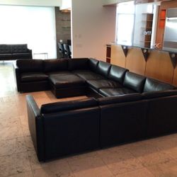 Knoll Pfister Sofa System Black Y Grade Leather Feather Cushion Fill 11+ Ottoman