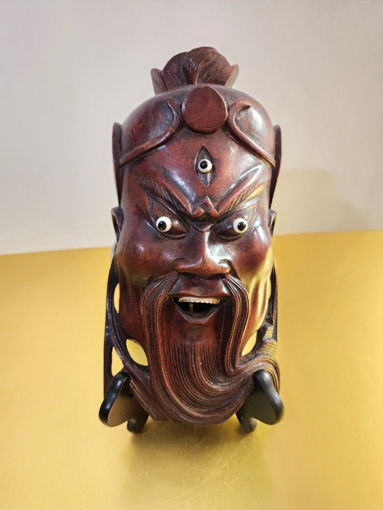 Vtg Carved Teak Wood 3rd Eye Japanese Man Face Wall Hanging Mask With Teeth 7.5"