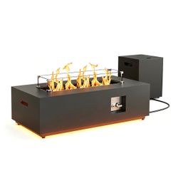 42" Rectangular Propane Fire Pit Table LED Outdoor Patio Backyard Gas Firepit Table with Golden Light Strip, 50,000 BTU Burner, Tank Storage, Glass Wi