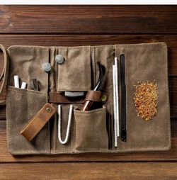 Whitluck's Waxed Canvas Tobacco Smoking Pipe Pouch with Leather Pipe Stand, Travel Pipe Case Bag for 2 Pipes and Other Accessories