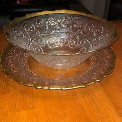 Holiday Gold Trimmed Serving Plate And Bowl