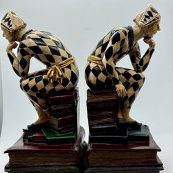 Antique 1920s Harlequin French Bookends Sitting Jester Joker