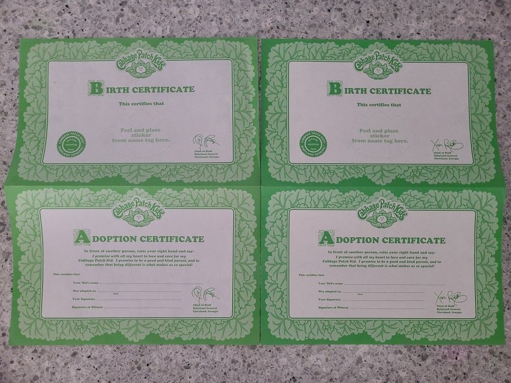 Vintage 1990s Cabbage Patch Kids Doll 2 Birth Certificates Adoption Papers