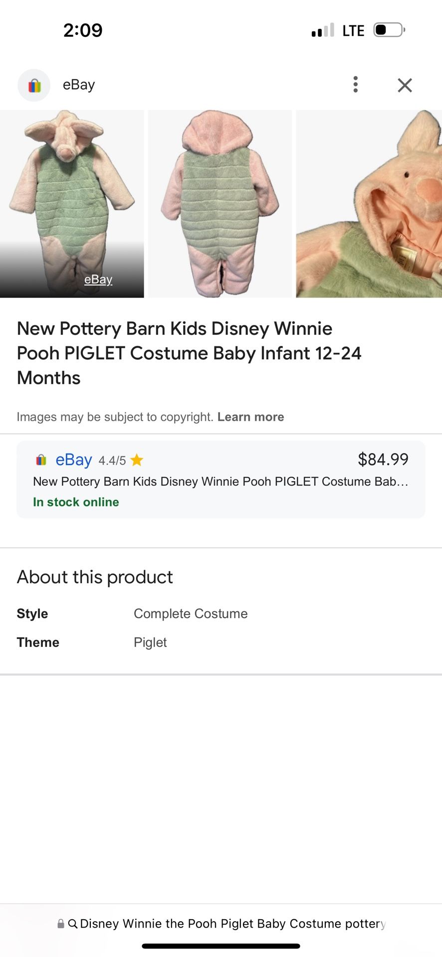 Disney Winnie the Pooh Piglet Baby Pottery Barn Costume, 12 Months