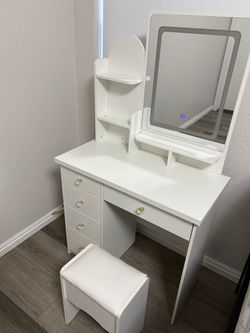 White Vanity Desk with LED Mirror and Stool