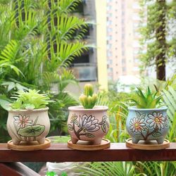 4.5 inch Hand-Painted Ceramic Succulent Planter Pot Modern Desk Cactus herb Flower planters with Bamboo Tray Indoor or Outdoor Set of 3