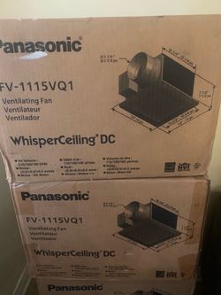 New Panasonic WhisperCeiling DC ventilating fan model FV-1115VQ1. This fan has selectable air volume settings of 110, 130, or 150 CFM. The noise level