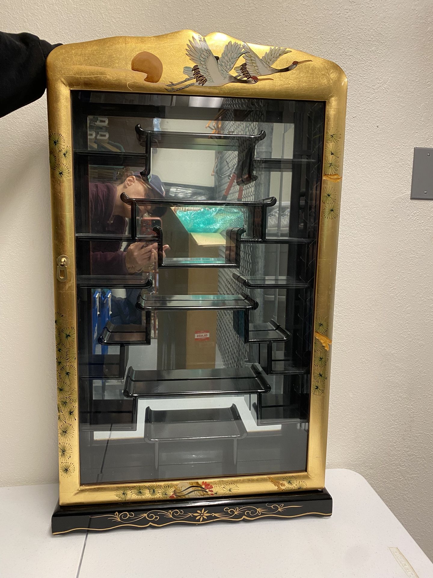 Mirrored Asian Curio Cabinet With Shelves