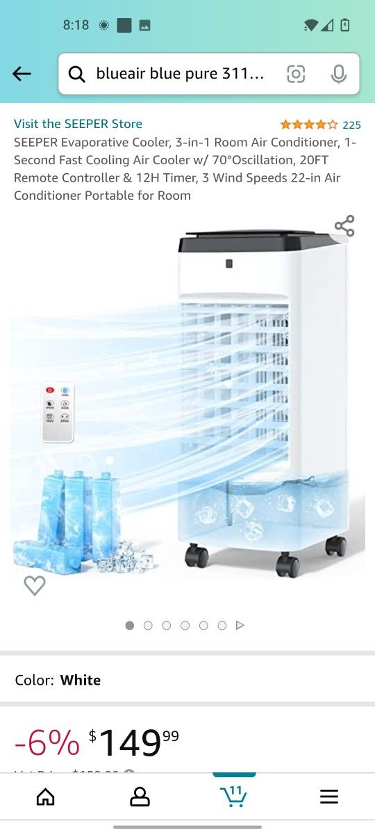 Evaporative Cooler, SEEPER 3-IN-1 Room Air Conditioner, 1-Second Fast Cooling Air Cooler w/ 70°Oscillation, 20FT Remote Controller & 12H Timer, 3