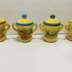 Vtg Casarecci do Calabria Set of 4 Small Hand Painted Ceramic Crocks with Lids. 