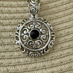 Silver Tone With Black Glass Crystal Bead Pendant 