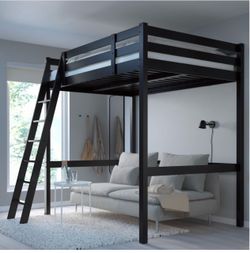 Black Wood Full Loft Bed Frame with Ladder