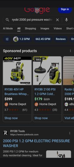 Ryobi pressure washer 2000psi