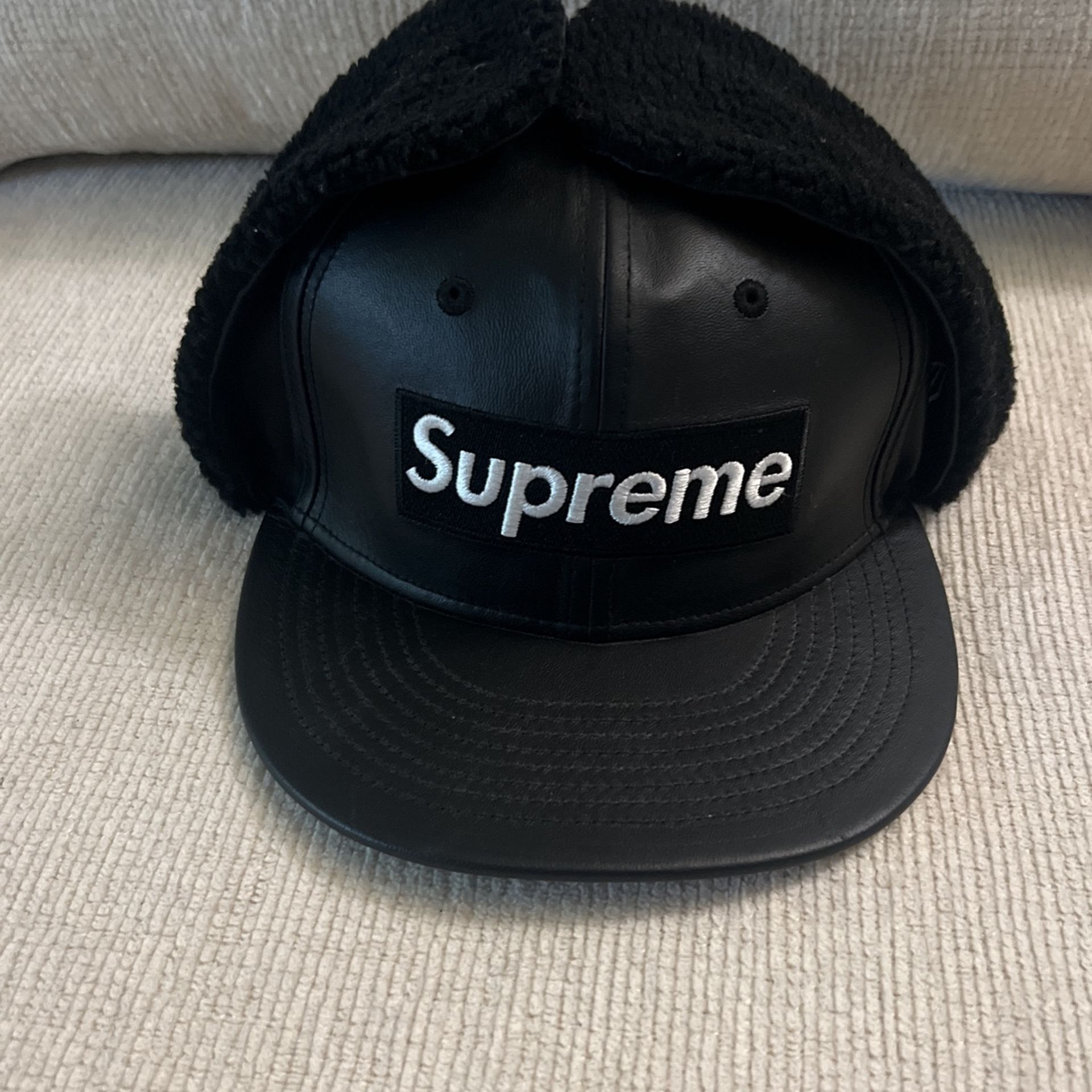 Supreme X Era Leather Ear Flap Box Logo Fitted Hat Black 7 5/8