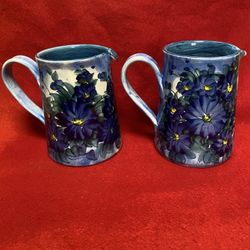 Set of 2 5.25 Inch Handmade Hand Painted Blue Ceramic Greek Floral Design Pitchers Imported From Greece