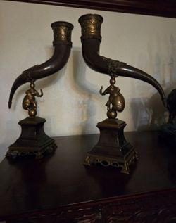 Two Castilian Ornamental Porcelain & Brass Elephant Horns Drinking Hunt Vase 26"