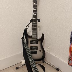 Guitar with guitar holder and orange amp comes with all cables